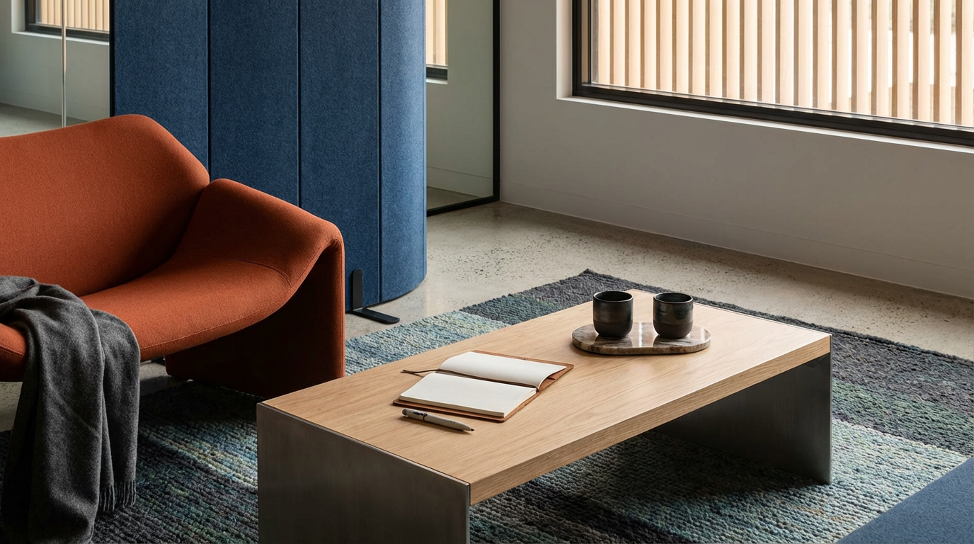 Modern living room with brown sofa, open notebook, pen, black cups on a round tray, and a blue cabinet, illuminated by large window with vertical blinds.