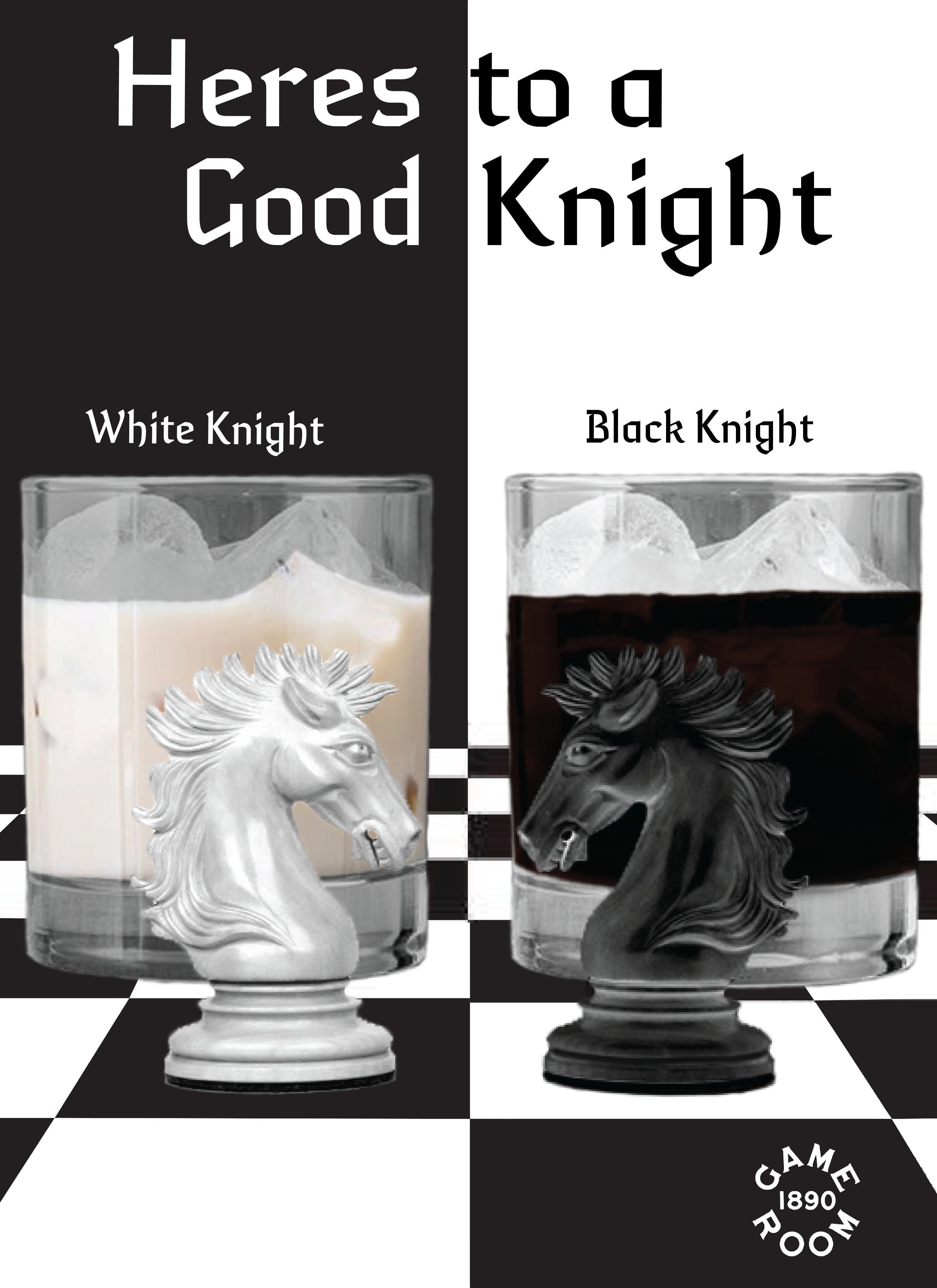 Good Knight Cocktail signage for the Game Room in Chicago, IL. Done with Photoshop and Illustrator.