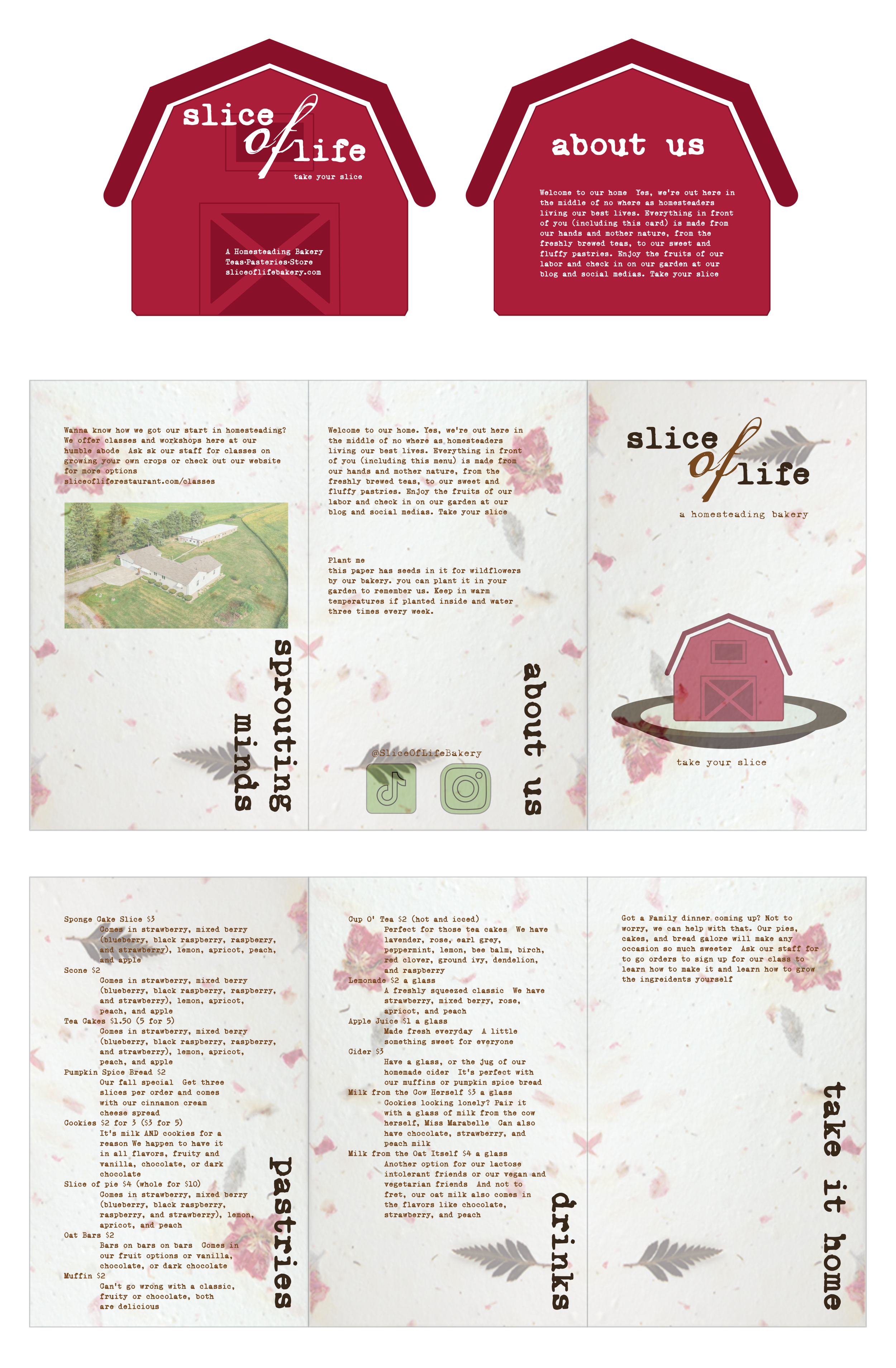 Slice of Life, homesteading restaurant. Bringing farm to inner city communities. Menu layout and business cards. Done in Adobe Illustrator. 