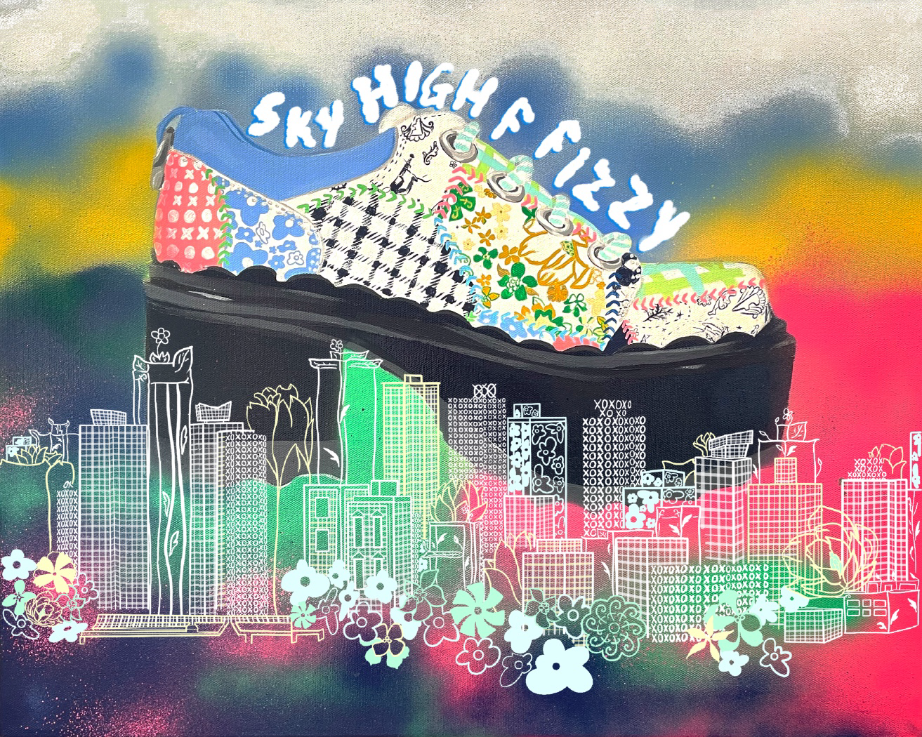 Entry for Fluevog Creative for the Sky High F Fizzy in 2022. Mix media of Spray paint and acrylic on 20x24 canvas, and finish in Procreate.