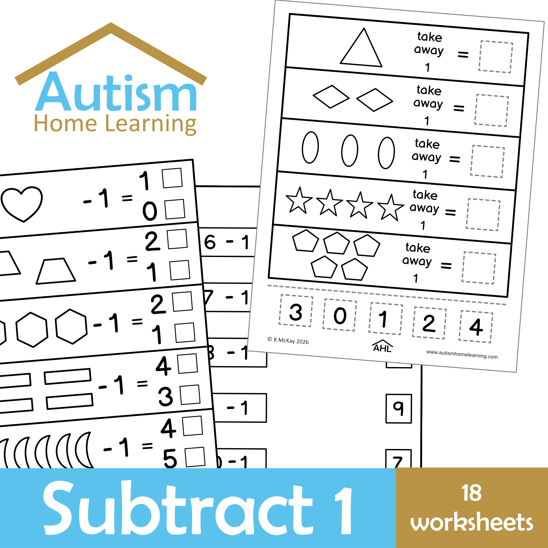 Subtracting 1 Worksheets