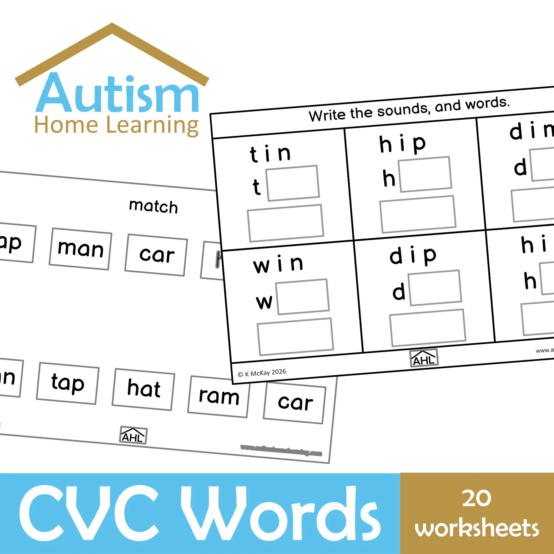 CVC Words Phonics Worksheets - Matching & Copying