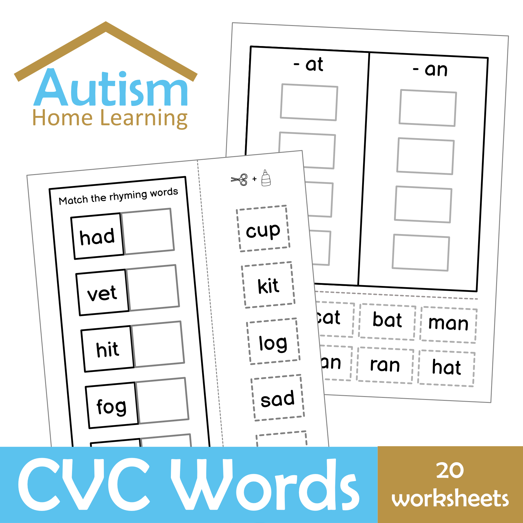 CVC Words Cut & Paste Phonics Worksheets