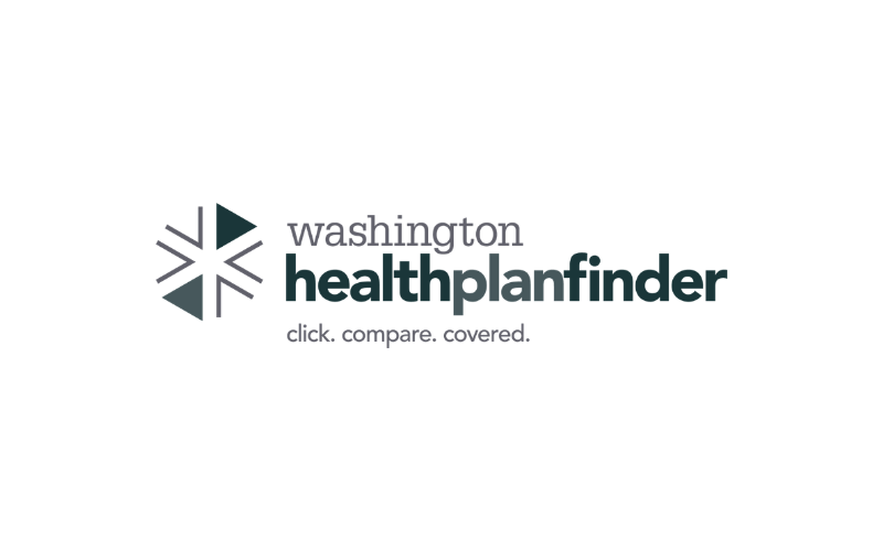 Logo for Washington Healthplanfinder with the tagline "click. compare. covered."