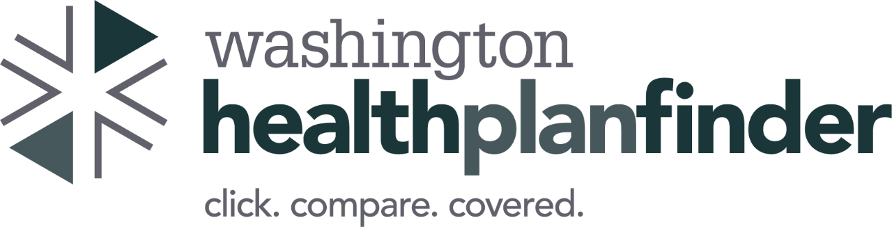 Logo for Washington Healthplanfinder with a snowflake icon and the tagline 'click. compare. covered.'