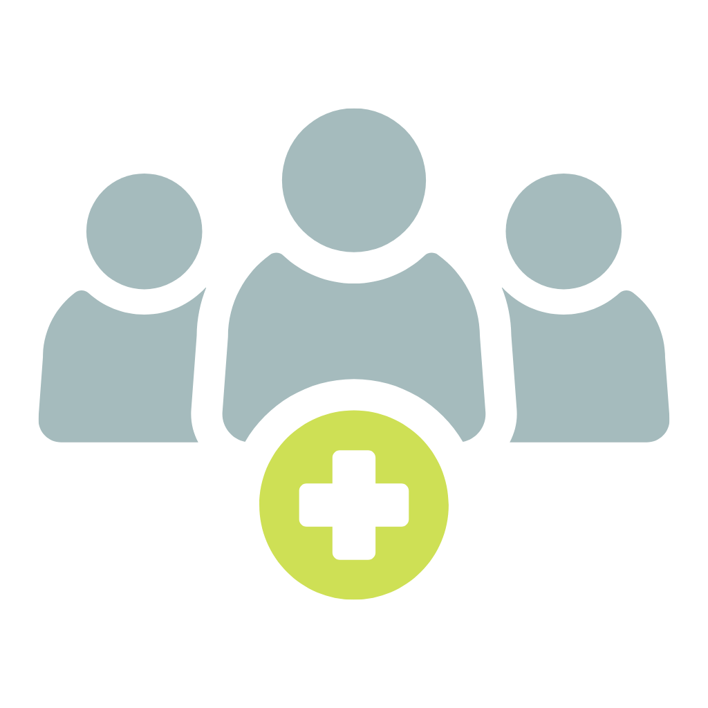 Icon of three people with a medical cross symbol below them, representing healthcare or medical team.