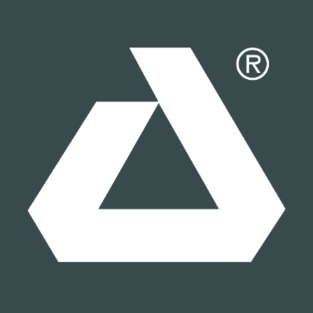 A logo with a white abstract geometric shape on a dark background, featuring a registered trademark symbol.