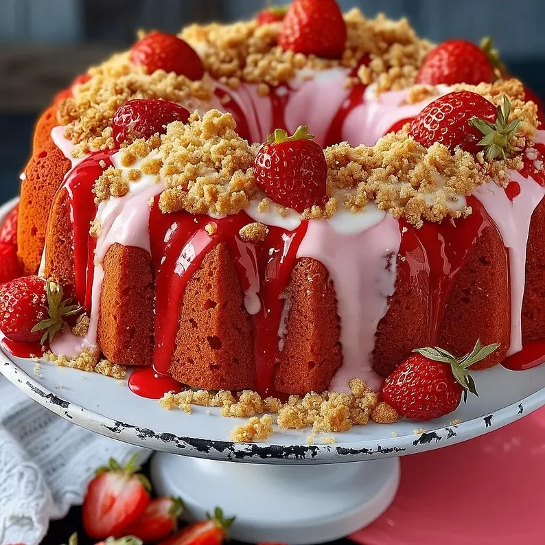 Strawberry Pound Cake with Cream Cheese, Strawberry Glaze, and Crumbles