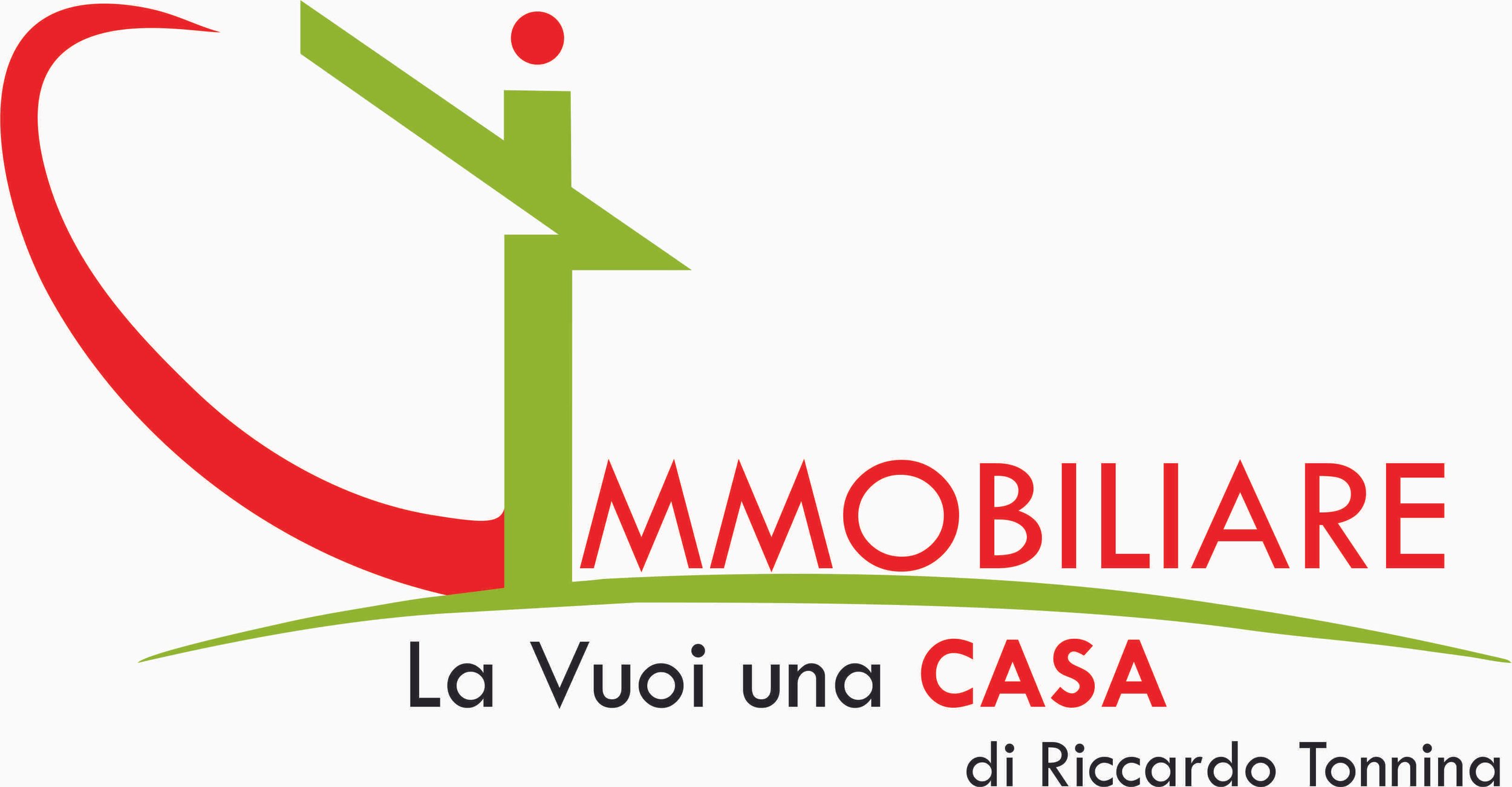 Logo di un'agenzia immobiliare con testo in italiano che dice 'Immobiliare, La Vuoi una CASA, di Riccardo Tonnin'. Lo stile del logo include un cuore rosso, un'icona verde a forma di casa e testo in rosso e nero.