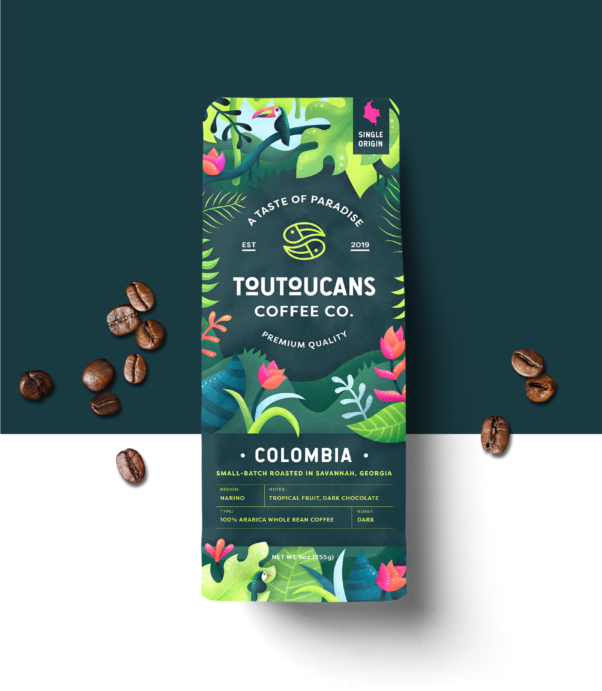 toutoucans coffee package design mockup