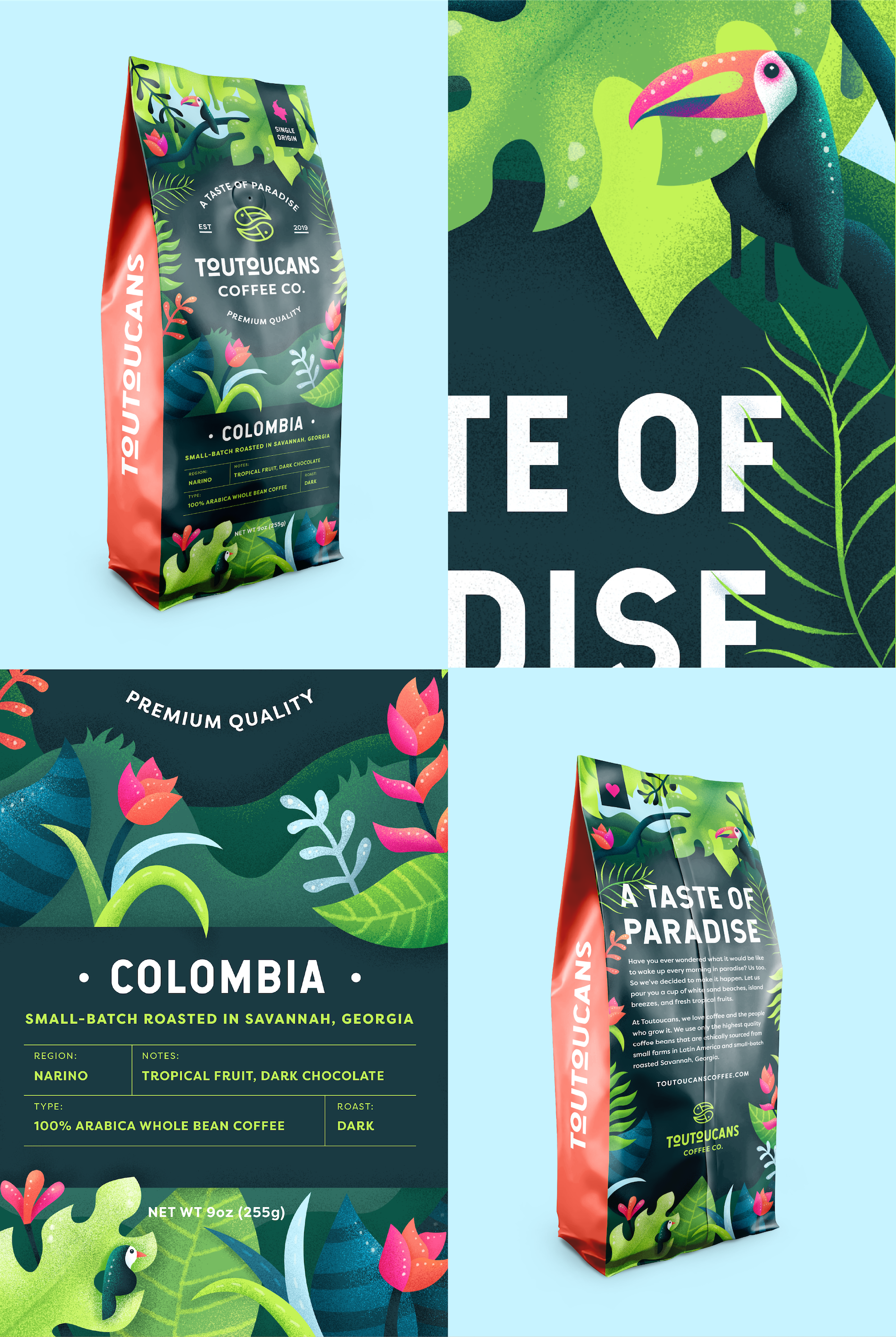 toutoucans coffee package mockup collage