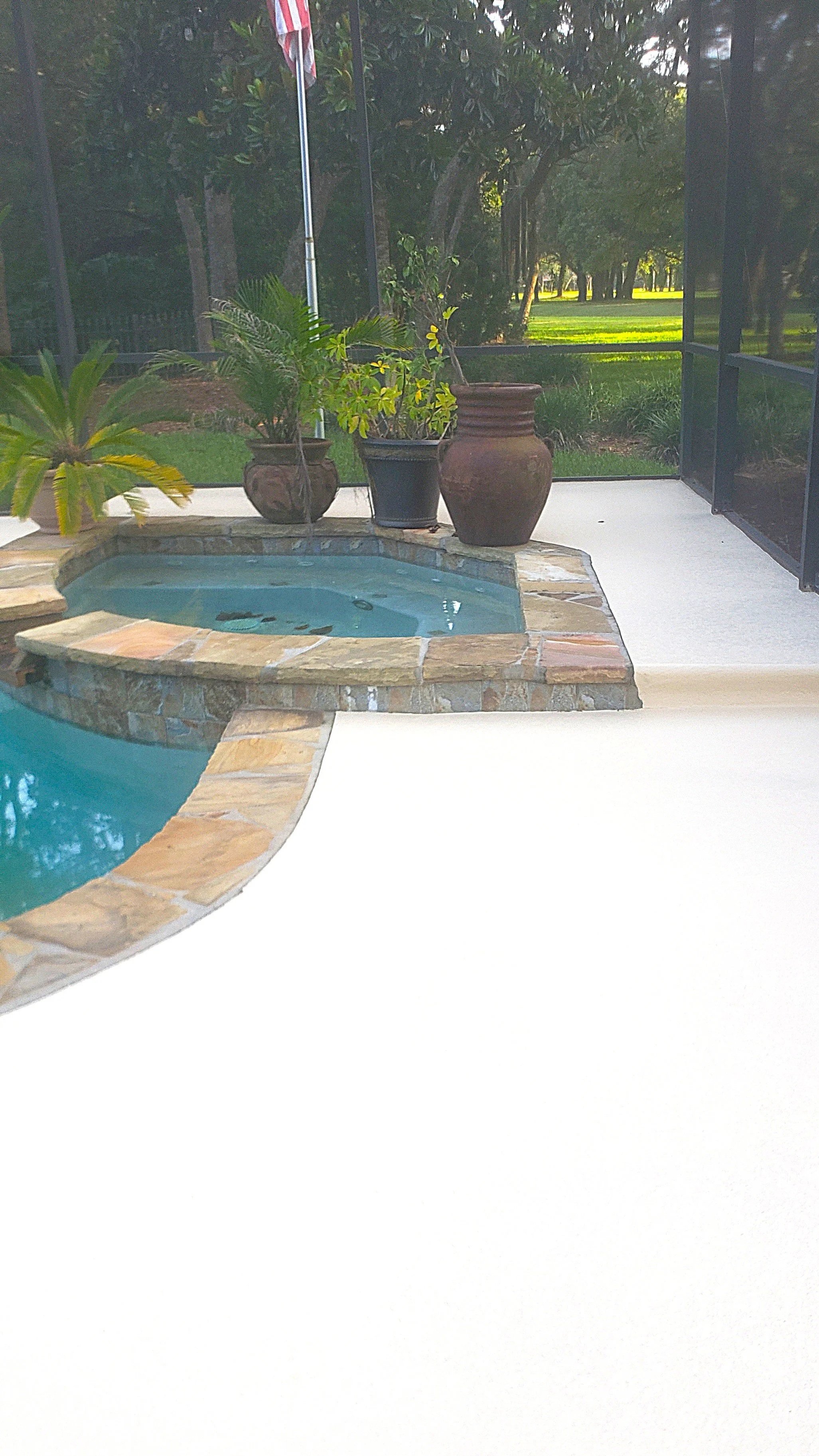 Stained concrete pool deck with stone trim.
