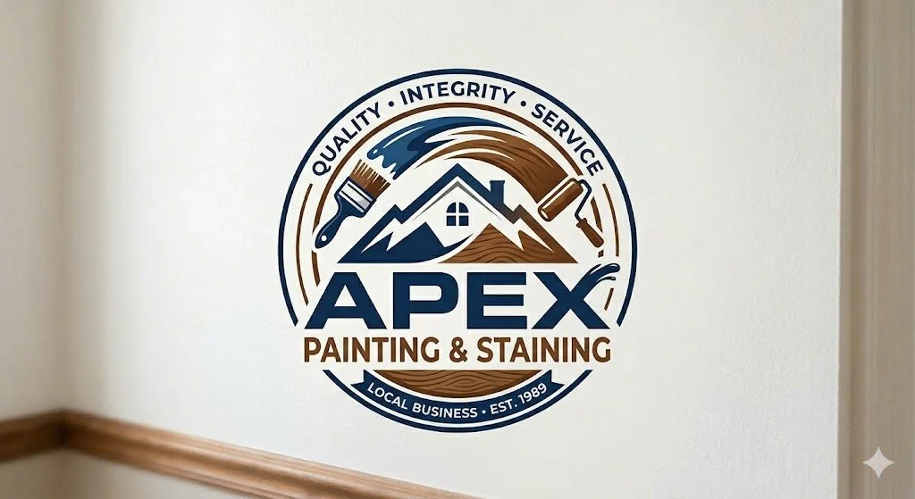 Logo for Apex Painting & Staining featuring mountains, a house, paintbrushes, and a paint roller, with slogans about quality, integrity, service, and local business established in 1989