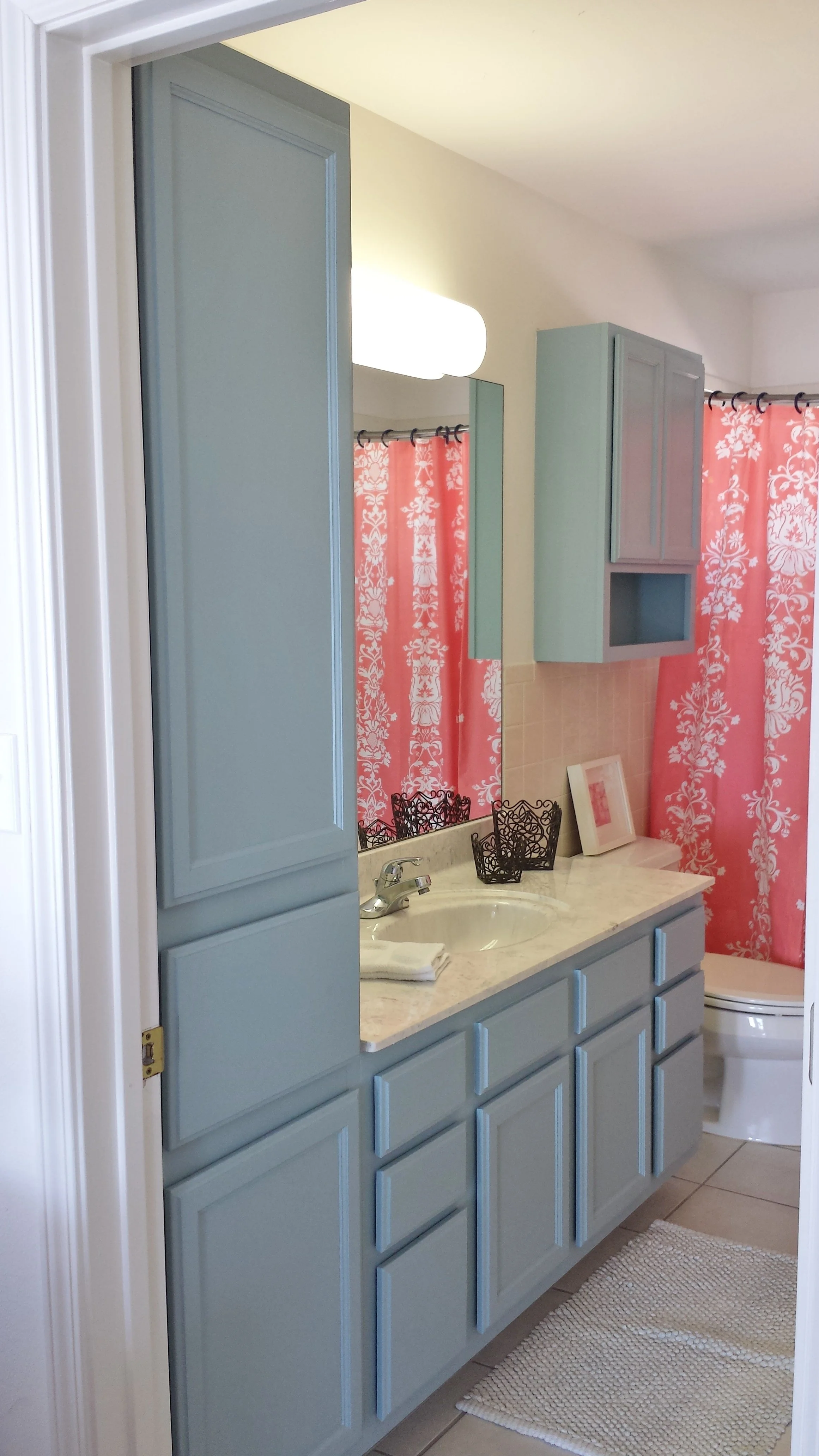 Refinished bathroom cabinets.