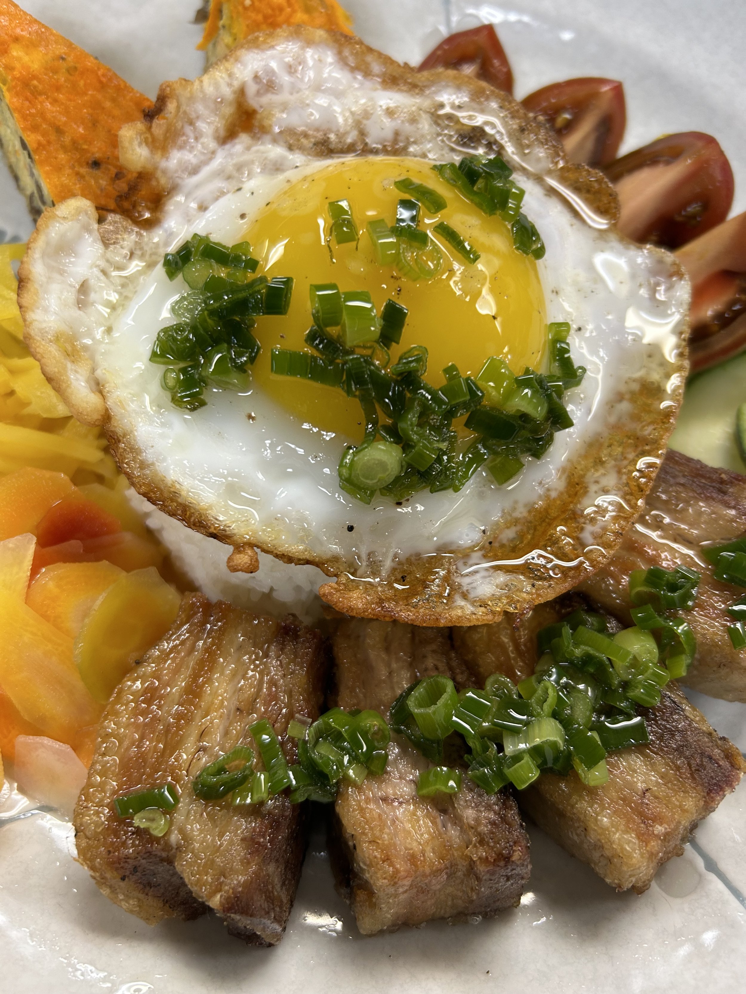 Broken Rice with pork belly, fried egg and egg cake