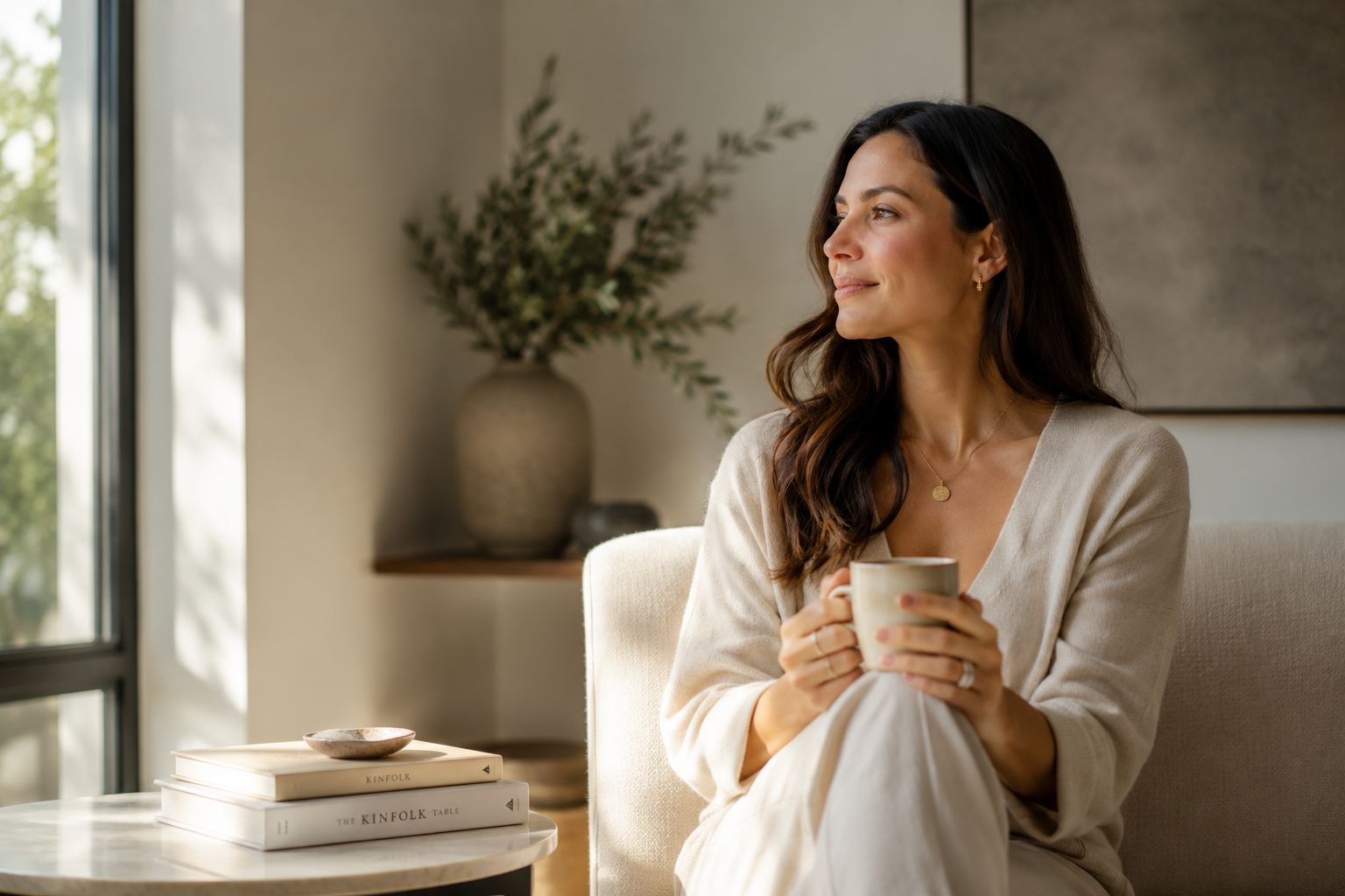 A woman sitting on a beige couch, holding a mug and looking out a window in a cozy, well-lit room with modern decor.
