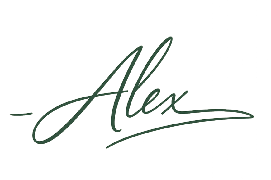 Stylized signature of the name 'Alex' in dark green cursive.