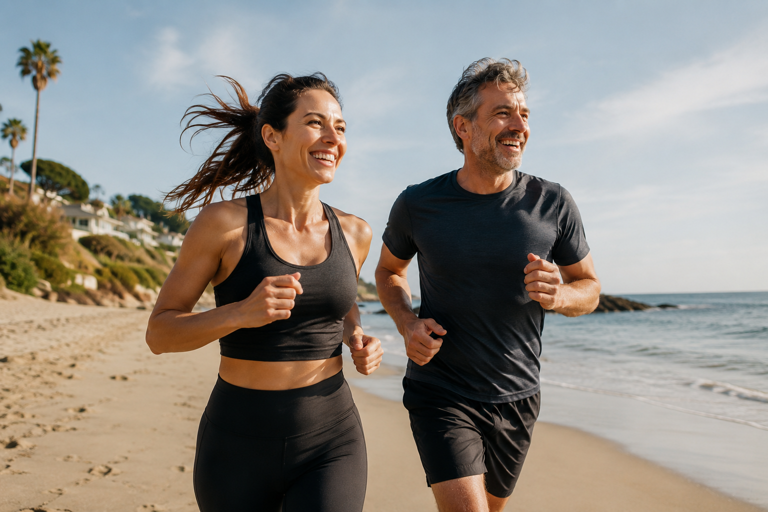A woman and a man jogging on the beach during the day, with blue sky and ocean in the background.