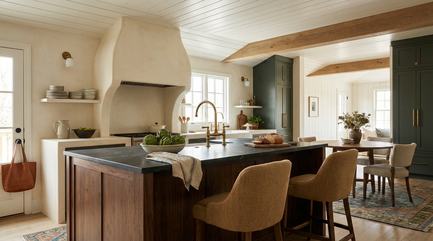 Open-concept kitchen with dark island, beige chairs, fireplace, green cabinets, and wooden beams.