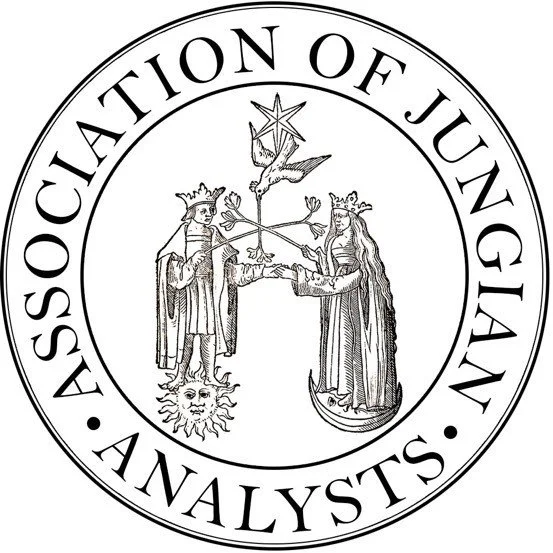 Seal of the Association of Jungian Analysts featuring two crowned figures holding a star, a dove, and a sun and moon, with the organization's name around the circle.