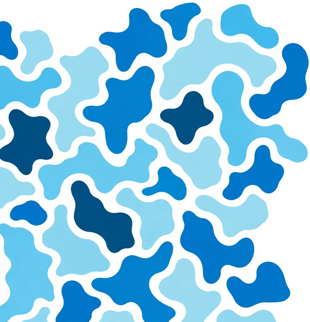 Blue camouflage pattern with irregular organic shapes in various shades of blue on a white background.