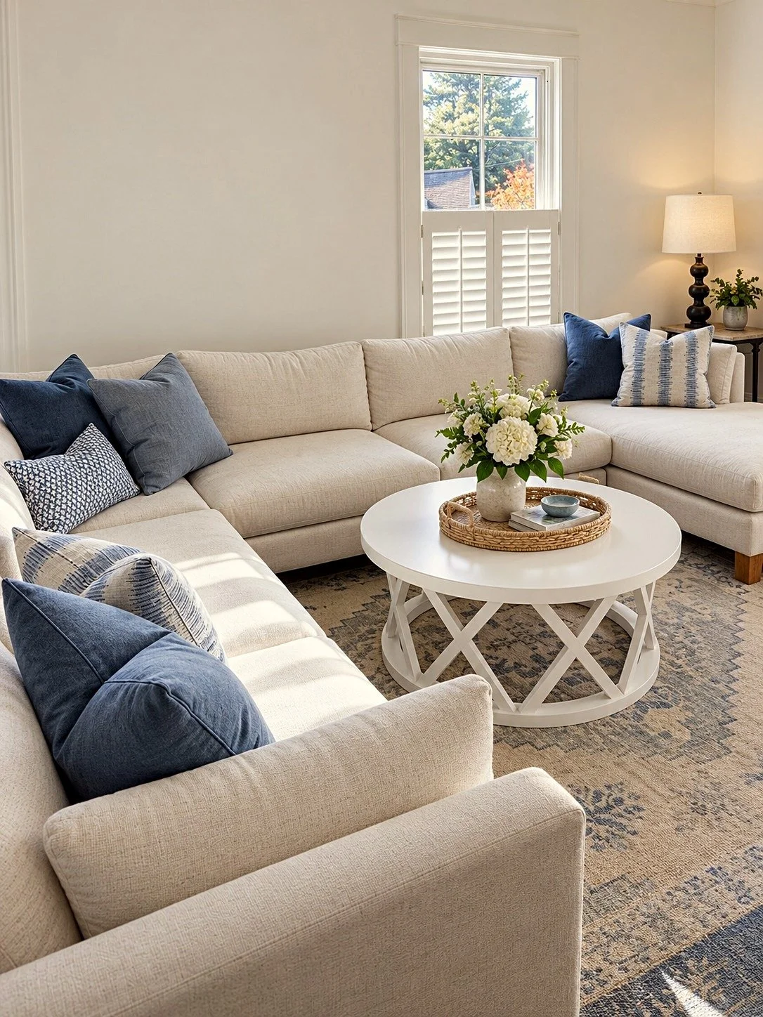 Living room with beige sofas, blue and patterned pillows, a white coffee table with a flower arrangement, a window with white shutters, a side table with a lamp and plant.