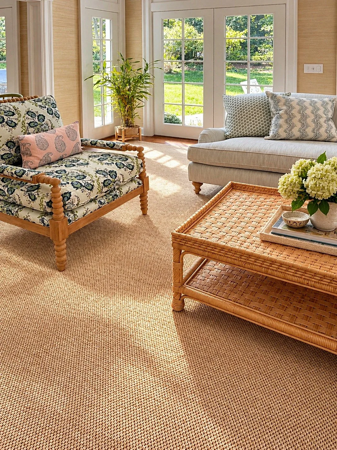 Bright living room with beige carpet, floral-patterned wooden loveseat with pink pillow, white sofa with patterned throw pillows, woven rattan coffee table with flower arrangement, large windows showing greenery outside, and potted plant in the corne