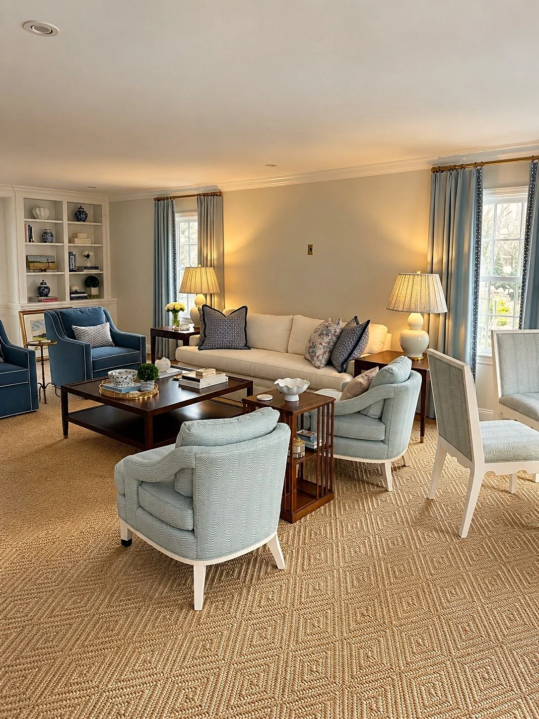 Living room with beige carpet, white sofa, blue armchairs, light blue and patterned pillows, wooden coffee table, side tables with lamps, built-in white bookshelf, and large windows with blue curtains.
