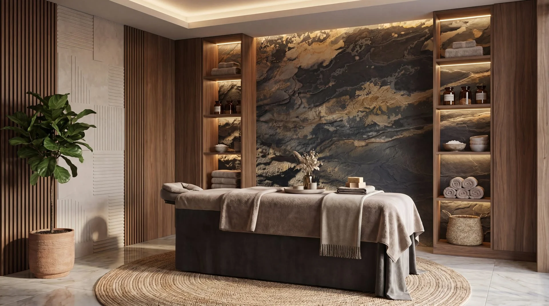 Living room with dark marble stone feature wall