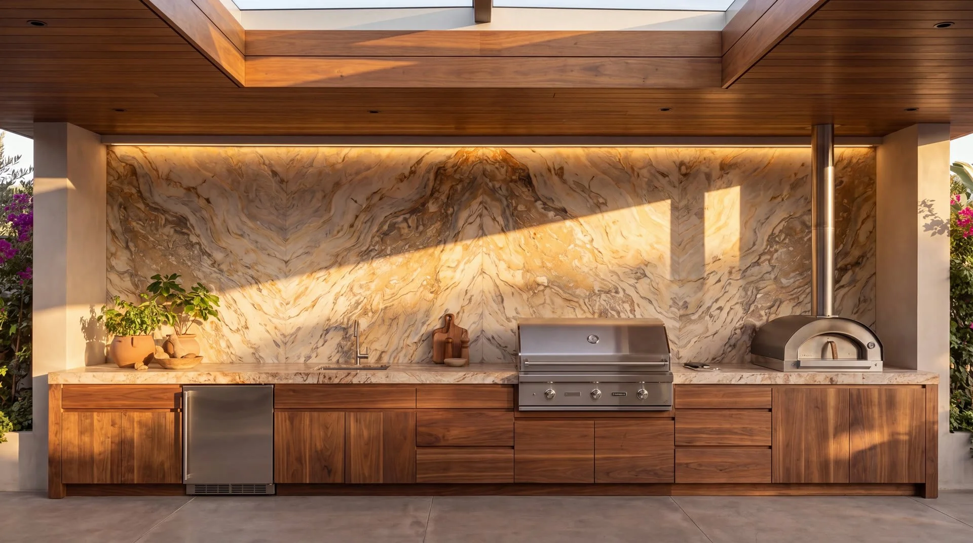 Outdoor kitchen with natural stone backsplash and warm lighting