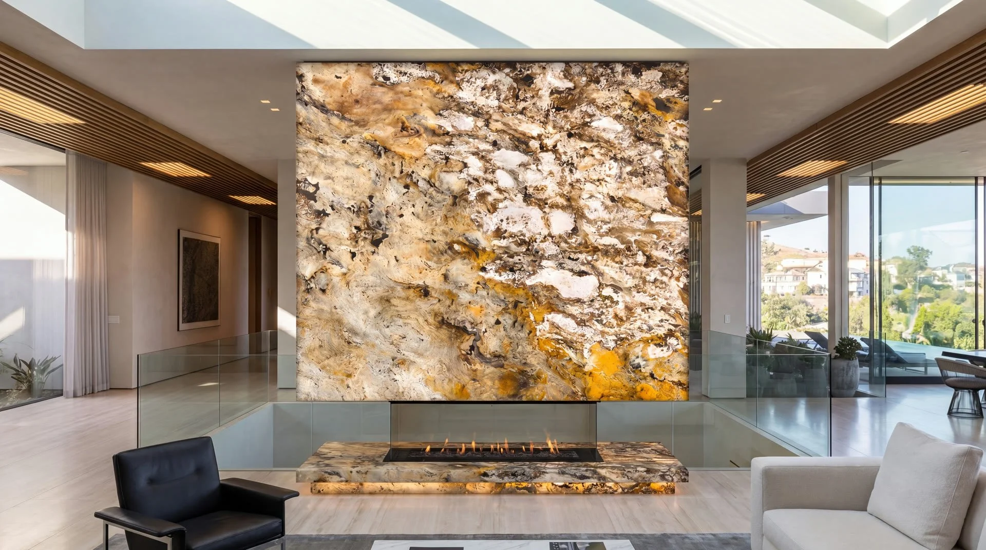 Backlit golden onyx fireplace wall
