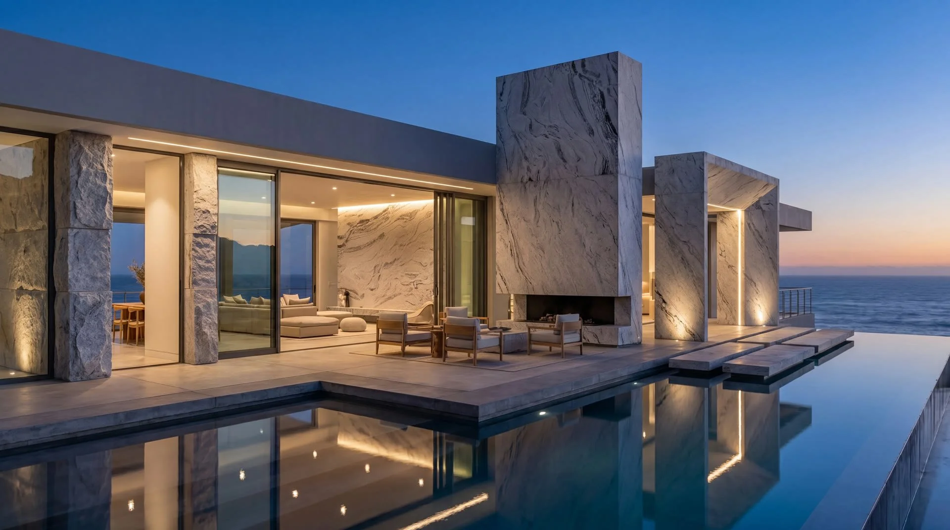 Modern home exterior at dusk with natural stone facade and pool