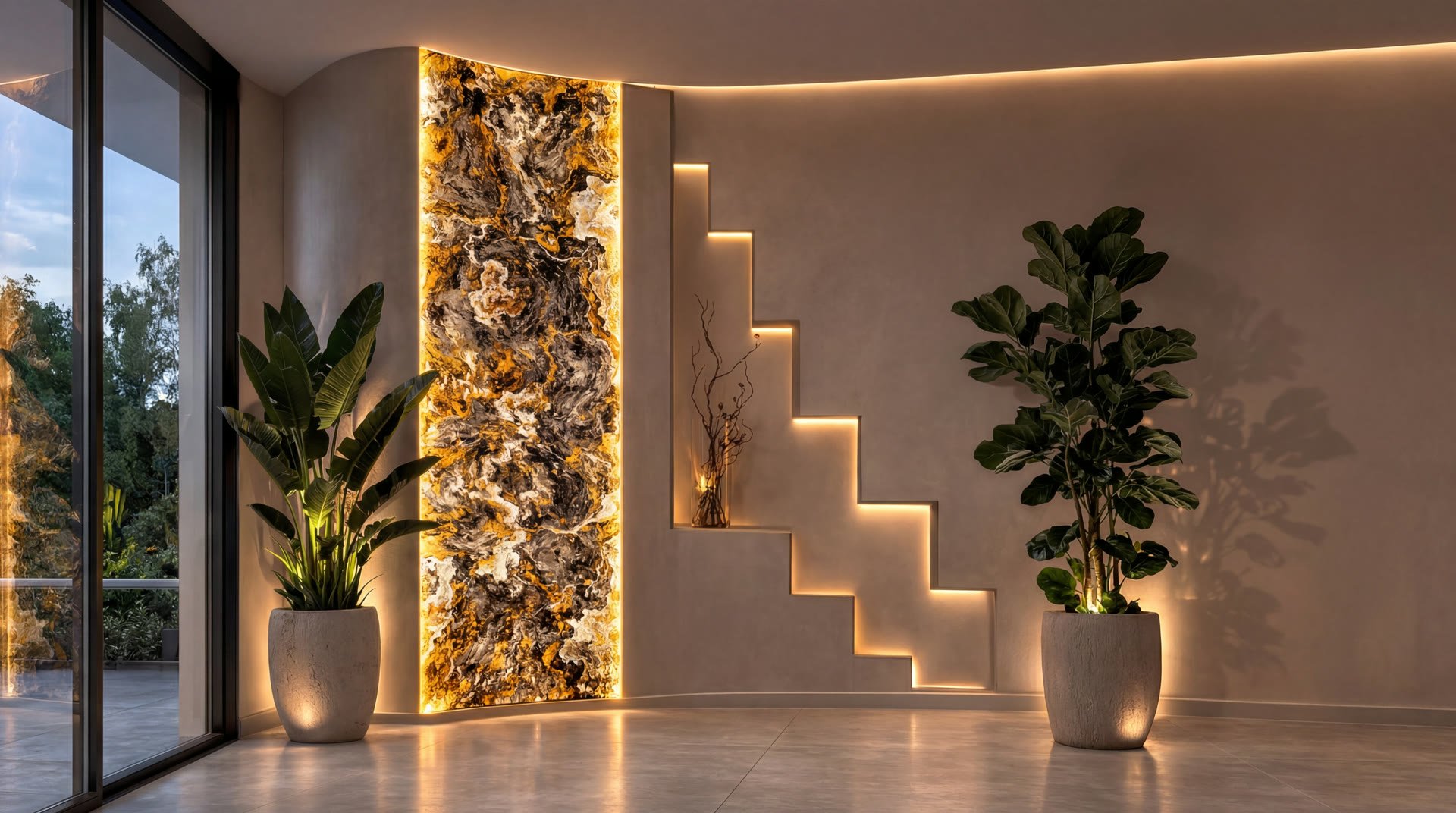 Natural thin stone panel bending around a curved wall, backlit