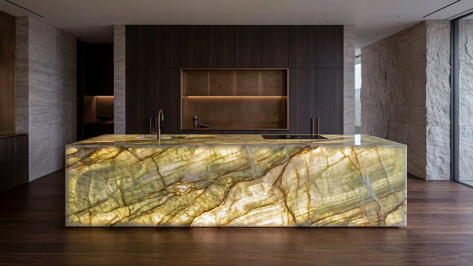 Kitchen with backlit onyx stone island countertop
