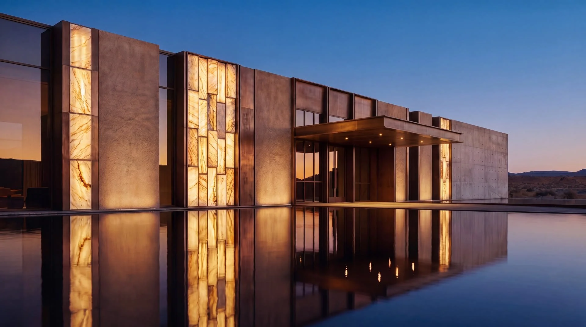 Modern building facade with natural stone cladding and backlit onyx panels