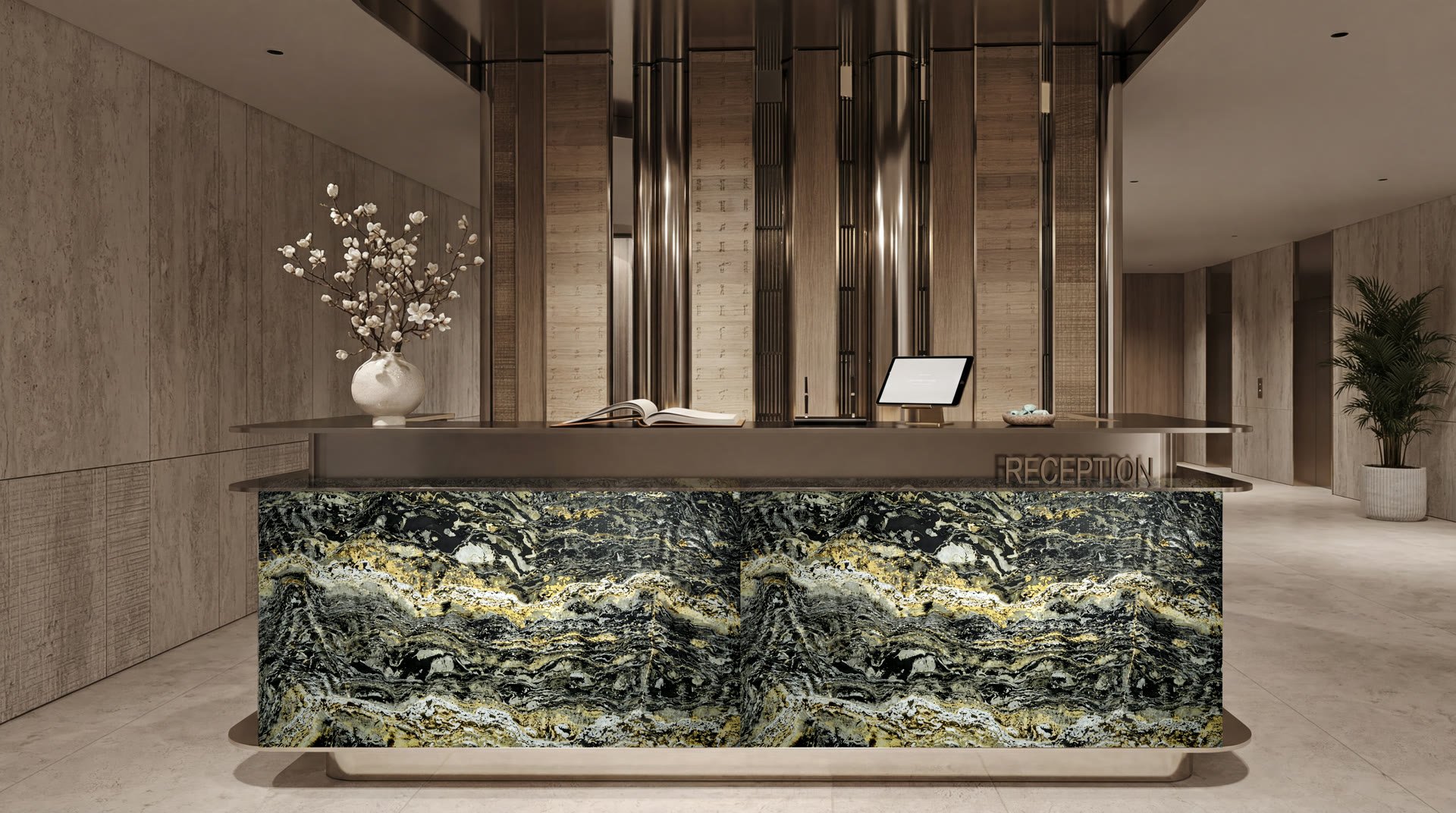 Backlit black and gold onyx reception desk in a hotel lobby
