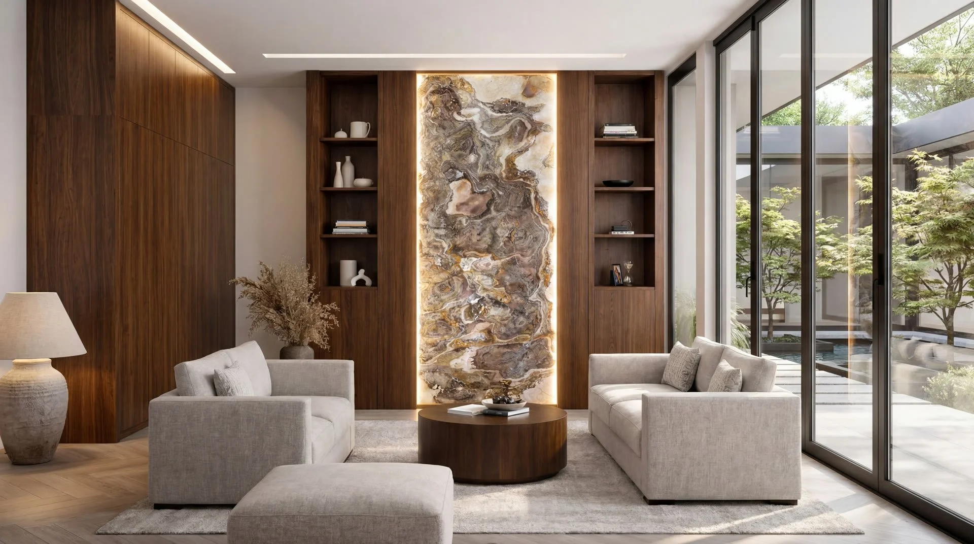 Living room with tall backlit natural stone wall panel