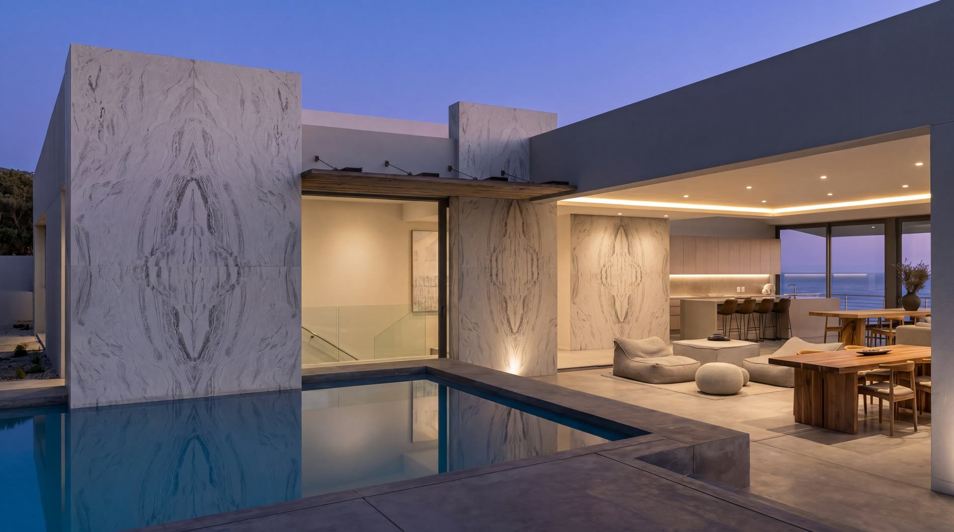Exterior stone feature wall with pool