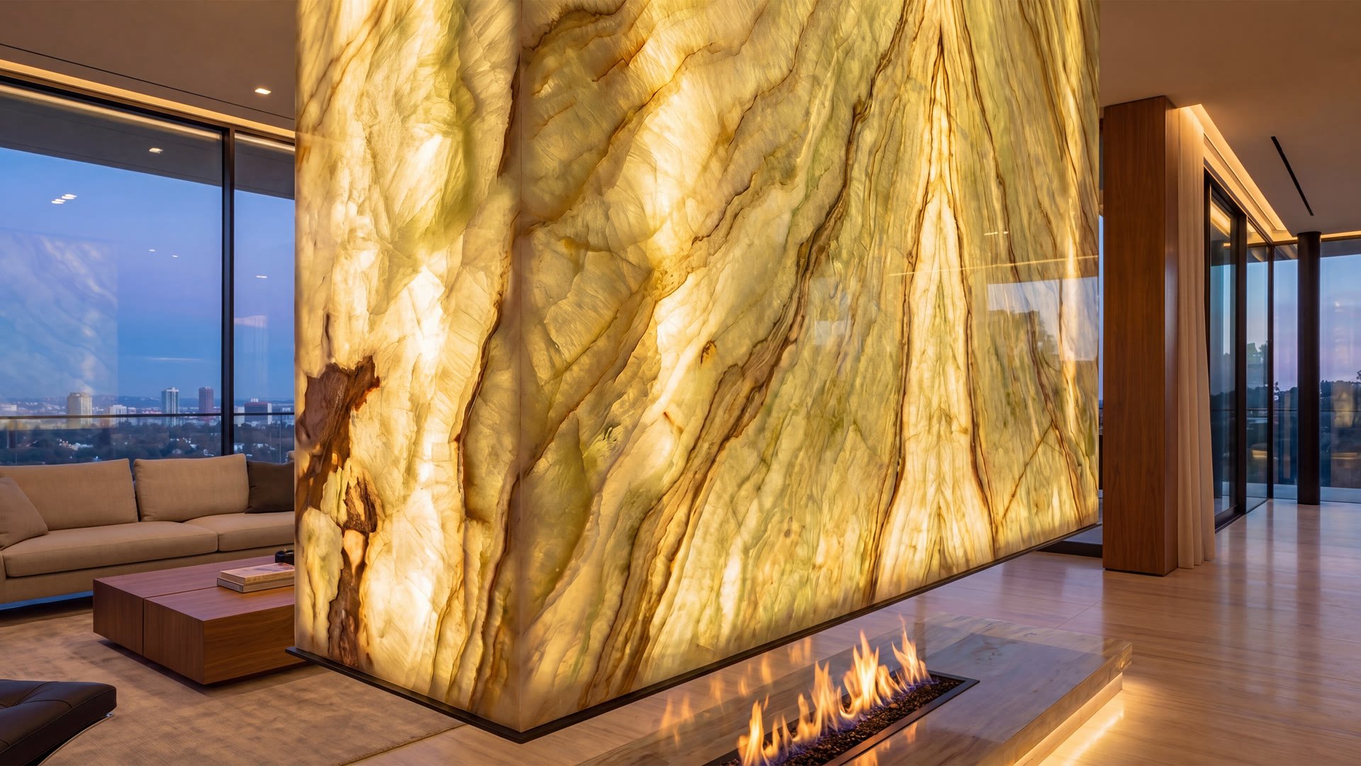 Backlit golden onyx fireplace wall in living room