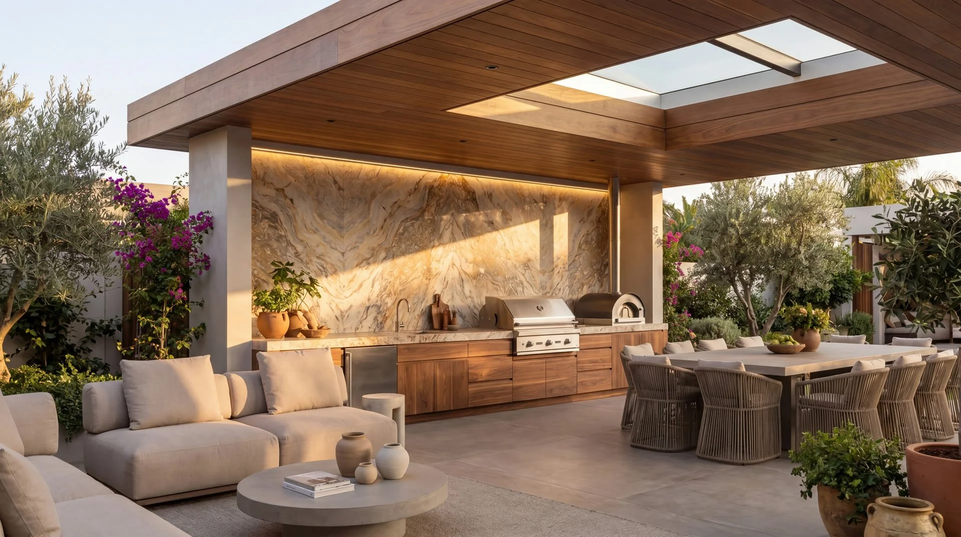 Backlit onyx stone wall panels in a luxury outdoor kitchen at dusk