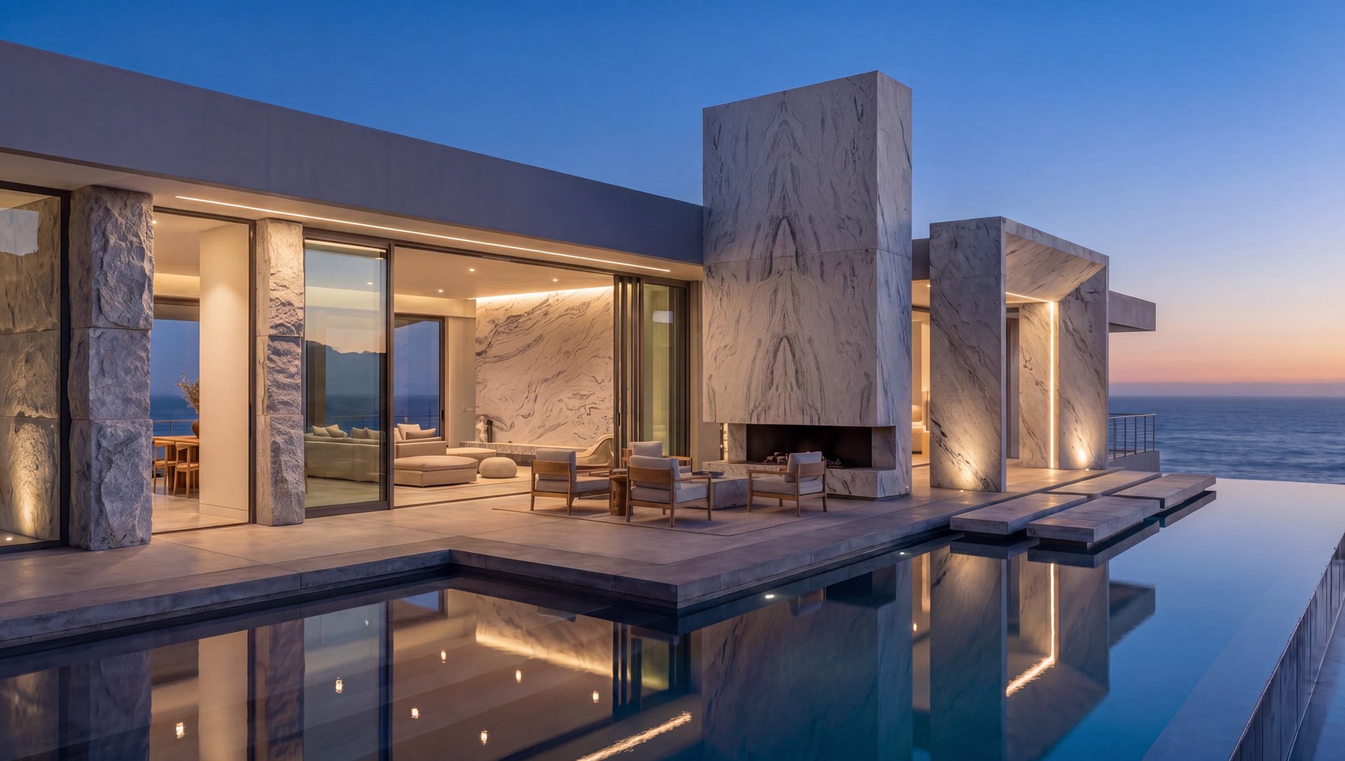 Modern home exterior at dusk with natural stone chimney and pool