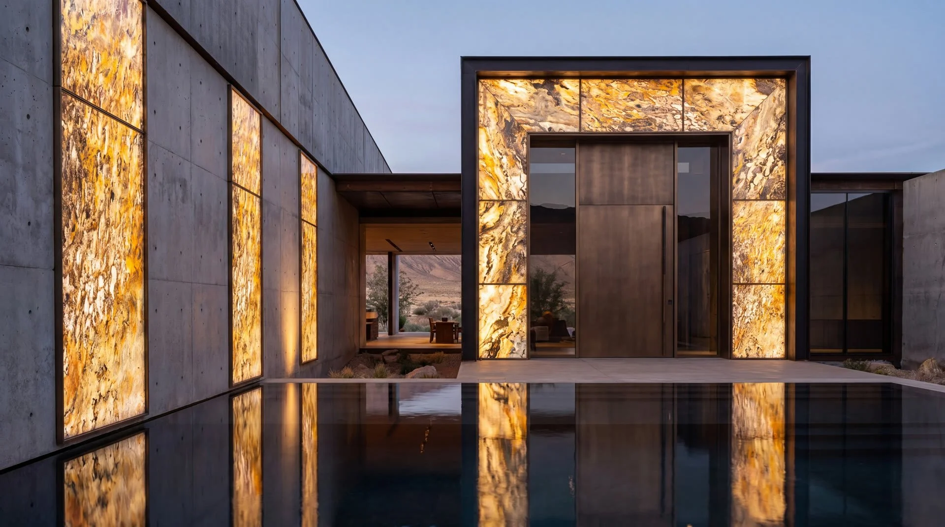 Modern home exterior at night with backlit onyx stone entry wall and pool