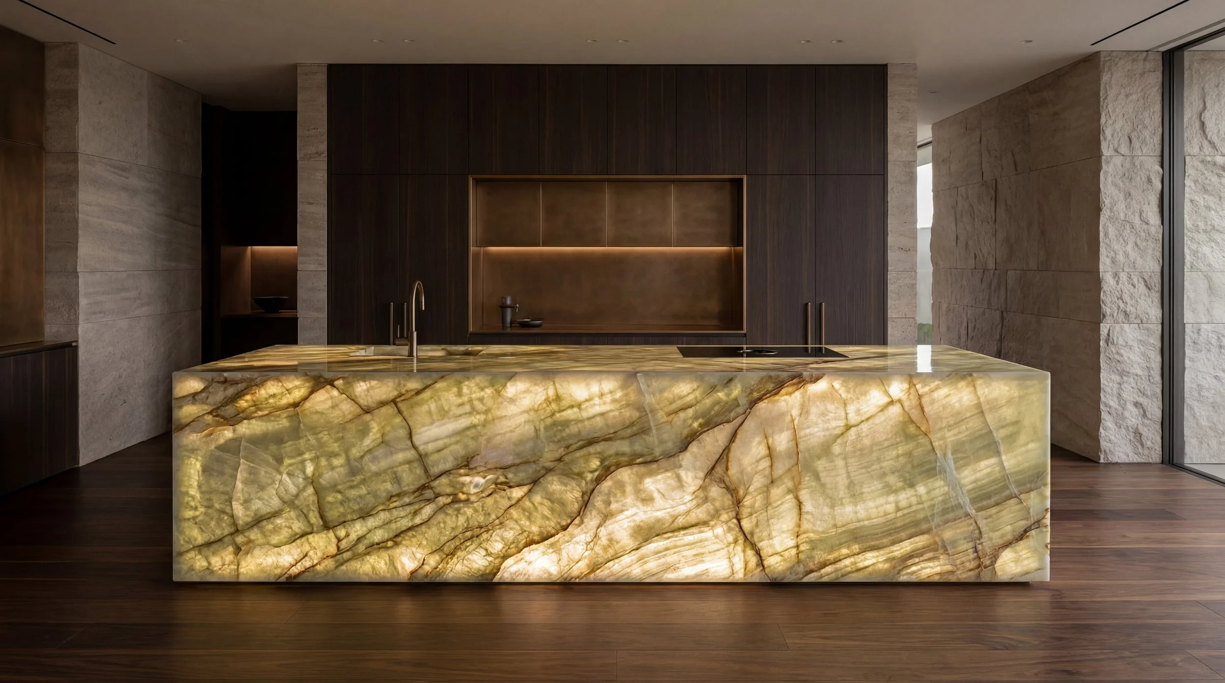 Modern kitchen with a large illuminated onyx island, dark wood cabinets, beige stone walls, and large windows.