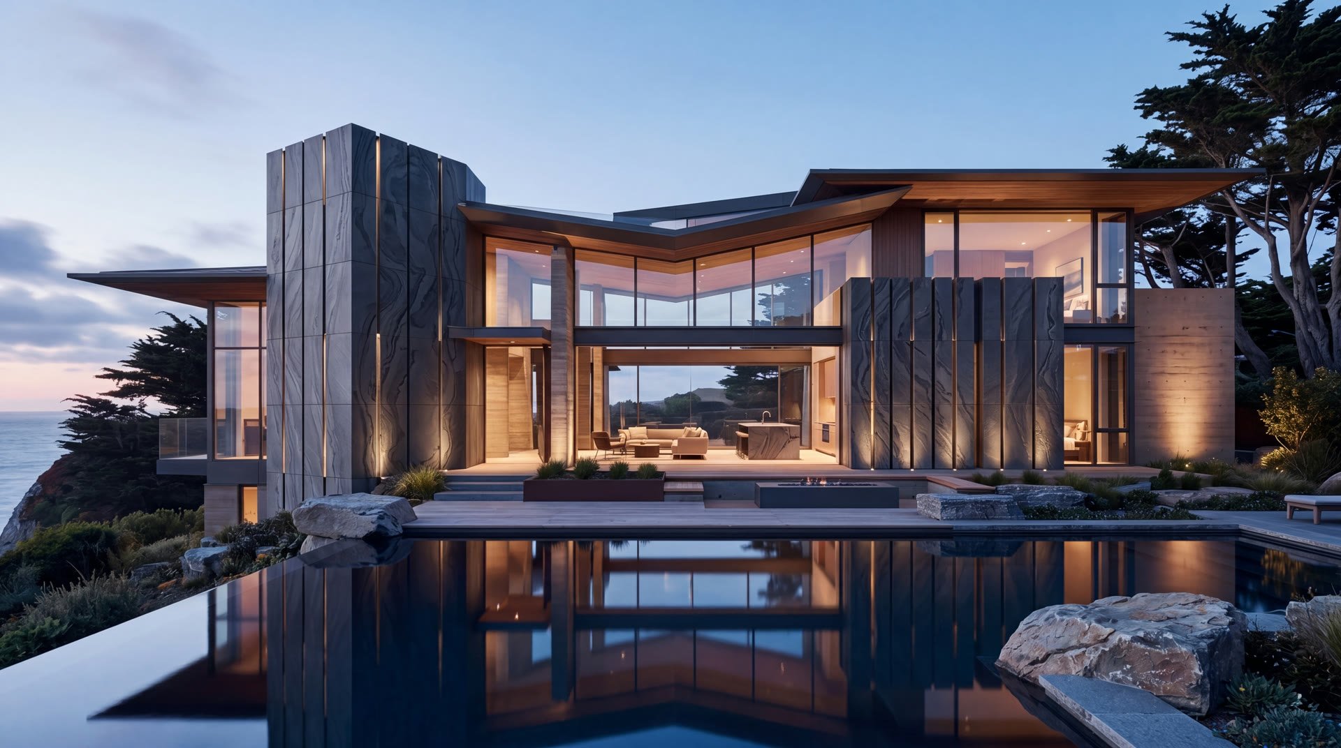 Coastal villa exterior with natural thin stone cladding on columns