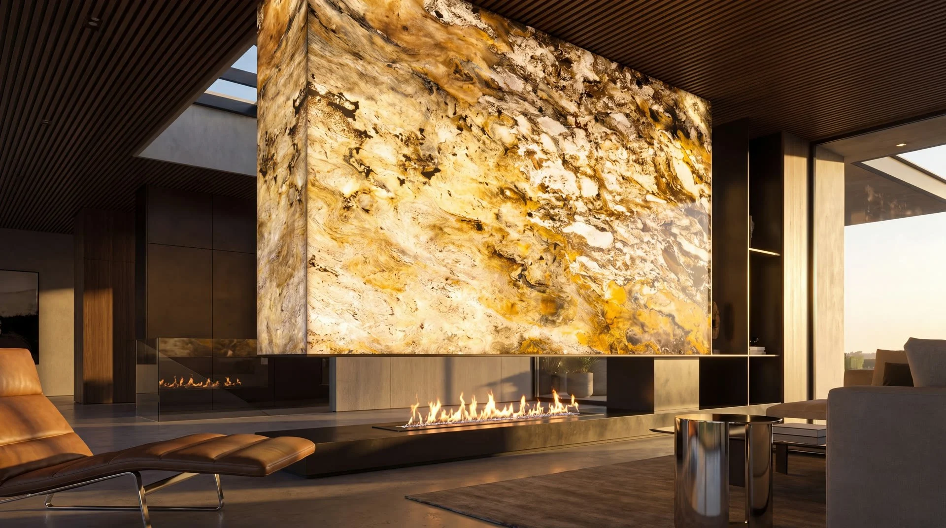 Backlit golden onyx fireplace wall detail