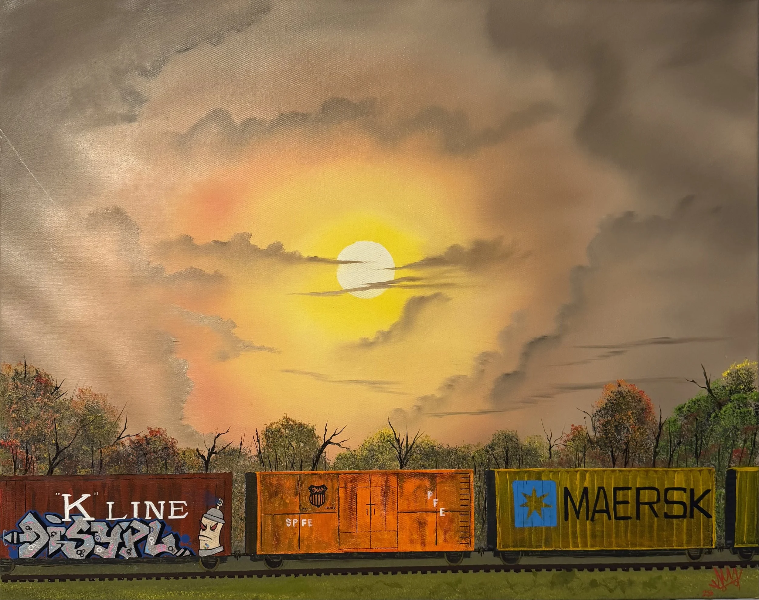 A mural depicting a sunset over the ocean with clouds and trees in the foreground. Graffiti art and traffic signs are in the lower part of the image.
