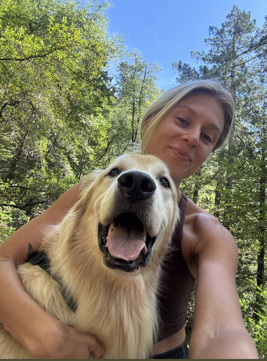 A woman and a happy Golden Retriever taking a selfie outdoors in a forest with green trees and blue sky.