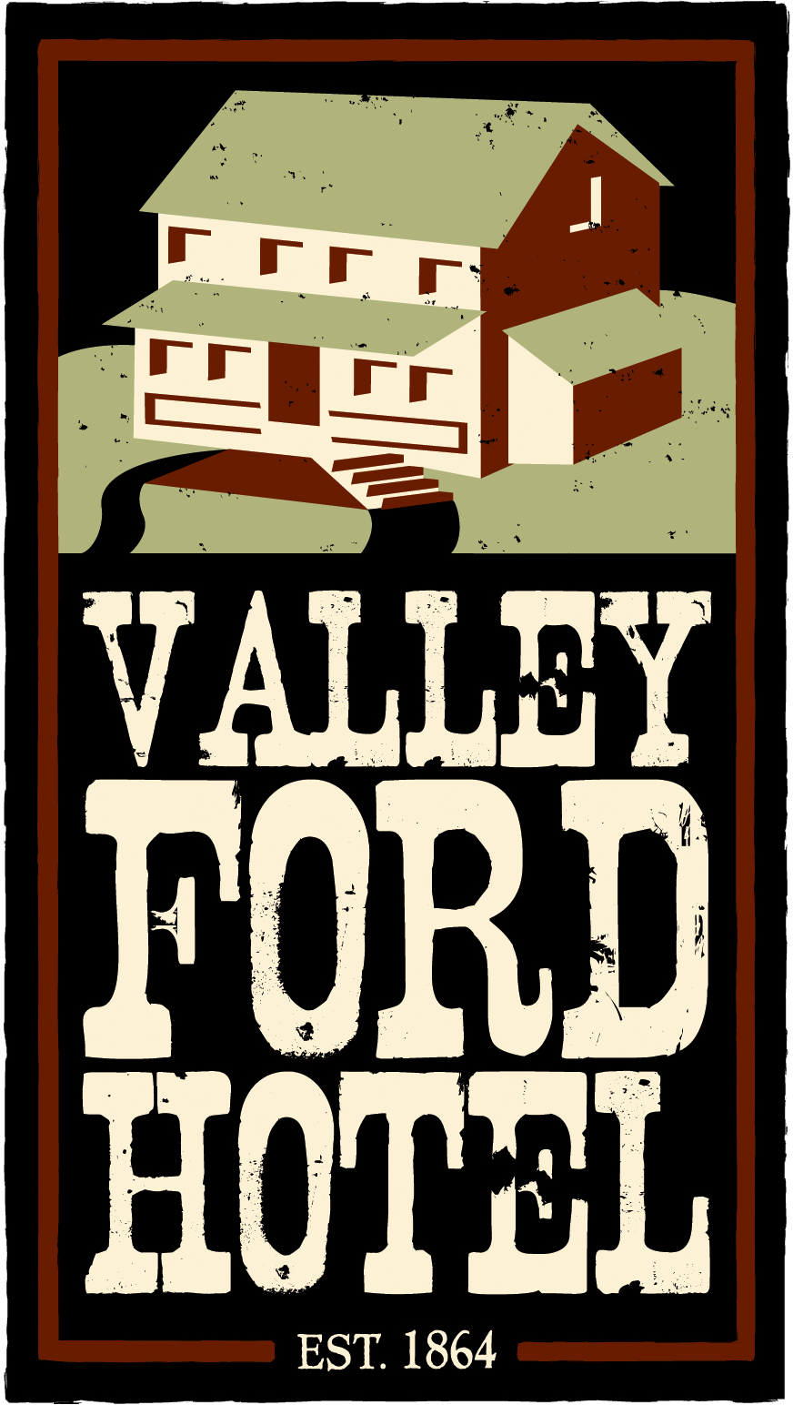 A vintage-style sign featuring a stylized house at the top, with the text "Valley Ford Hotel" and "Est. 1864" at the bottom.