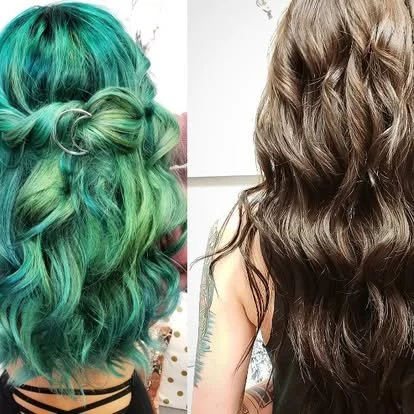Two women with wavy hair, one with vibrant green hair and the other with natural brown hair, shown from the back.