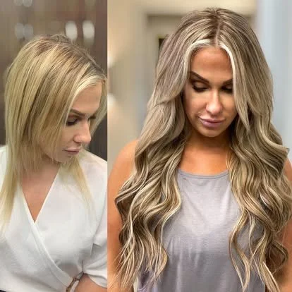 Side-by-side images of women with long, styled blonde hair, one with a straight hairstyle and the other with loose waves, both in casual or salon settings.